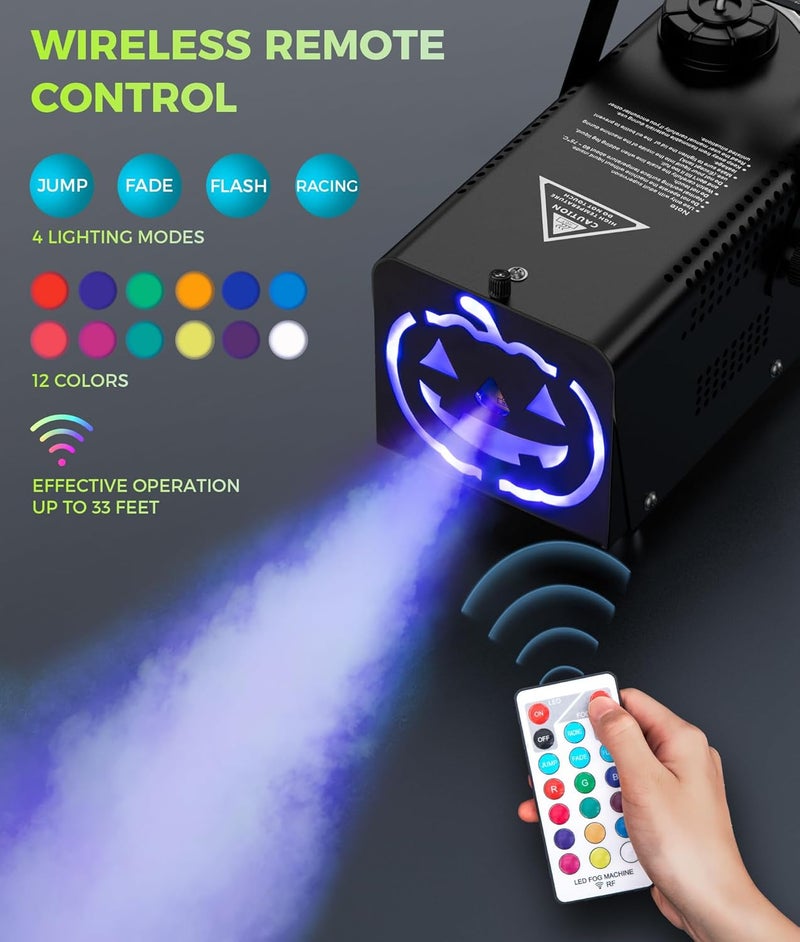 IMONE Store آلة الضباب 500 واط 2000CFM مع 2 غطاء ضوء ذو طابع مخيف مع 72-LEDs و 12 لون ضوء، تحكم عن بعد لاسلكي، للاحتفالات، الزفاف، الحفلات، مسرح الدي جي، للاستخدام الداخلي والخارجي - Image 4